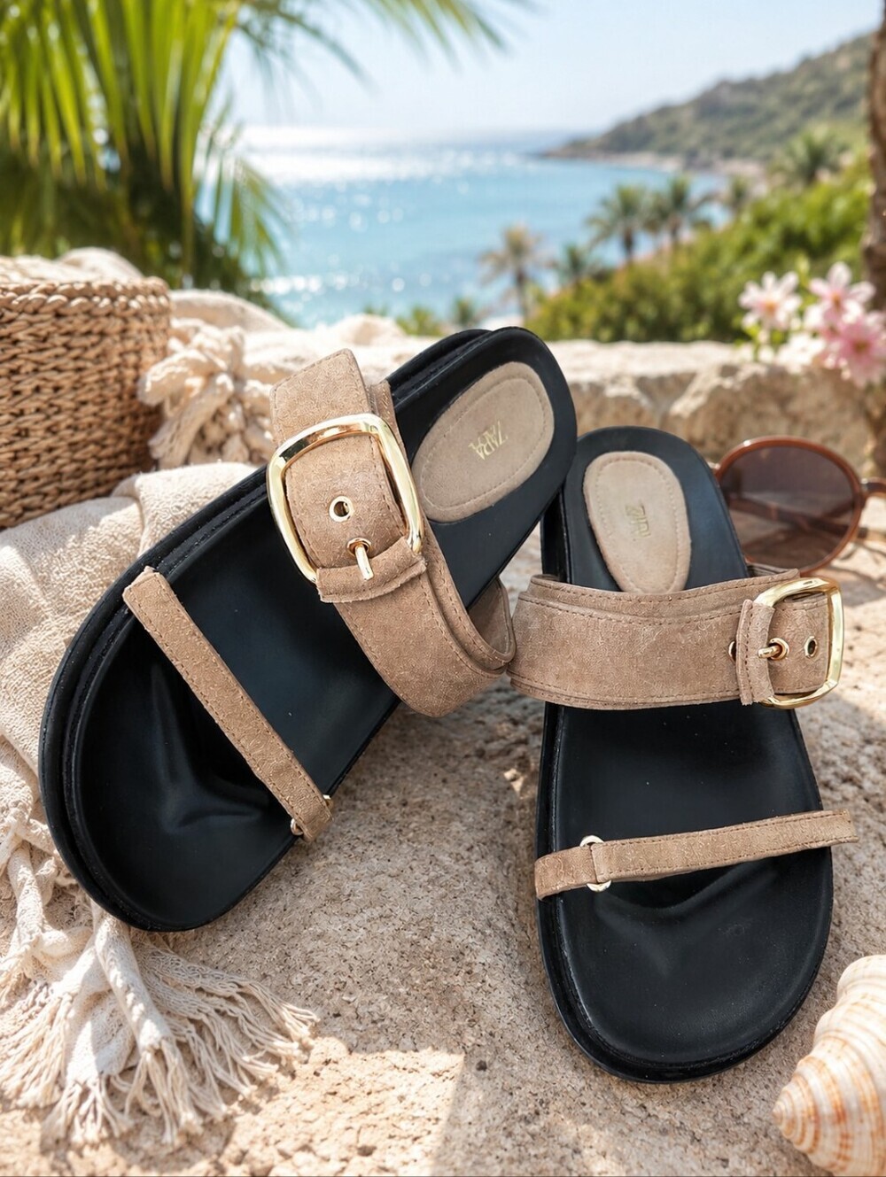 Zara Real Suede Taupe Minimalist Slide Sandals Gold Buckle EU 37 US 7.5โ8